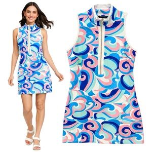 BOSTON PROPER Mod Psychedelic Swirl Print Zip Mock Neck Mini Dress Large Groovy